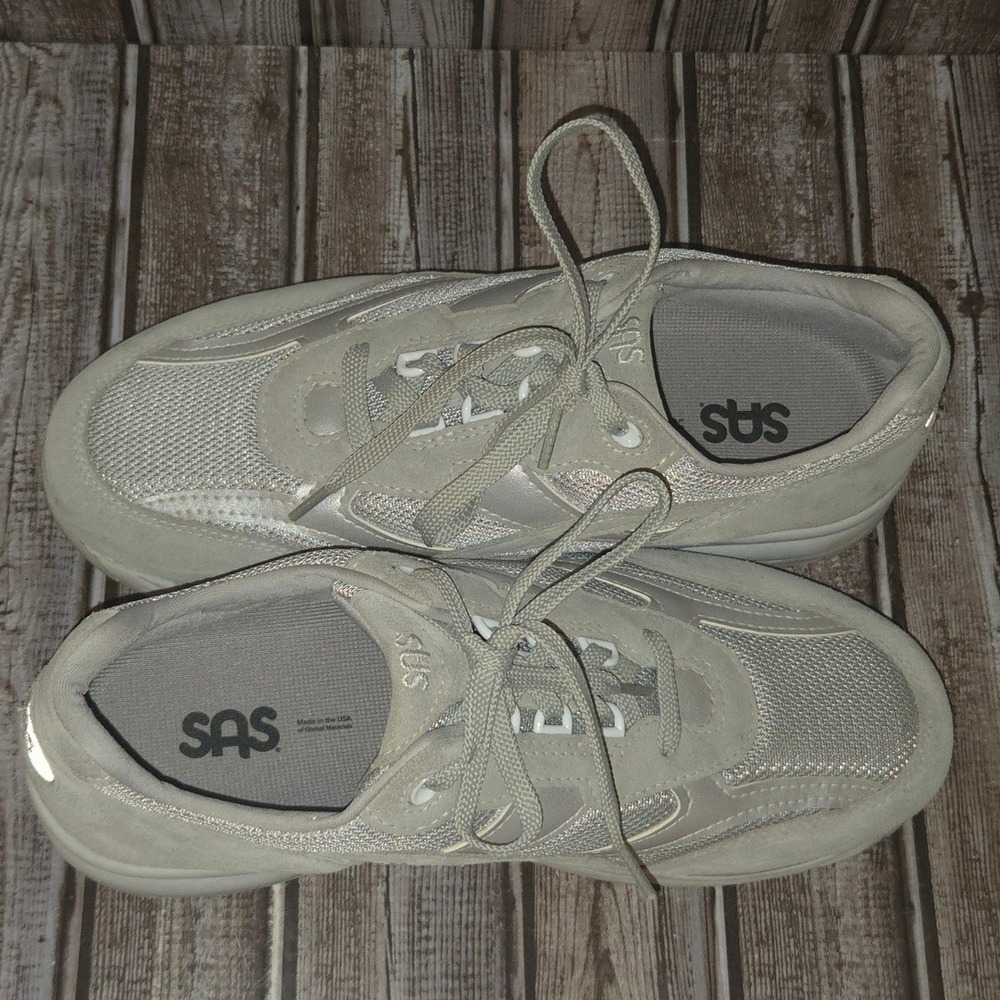 Sz 11 W3 Mens SAS Journey Bone Gray Mesh Suede Walking Shoes Sneakers VGUC! - Picture 6 of 8